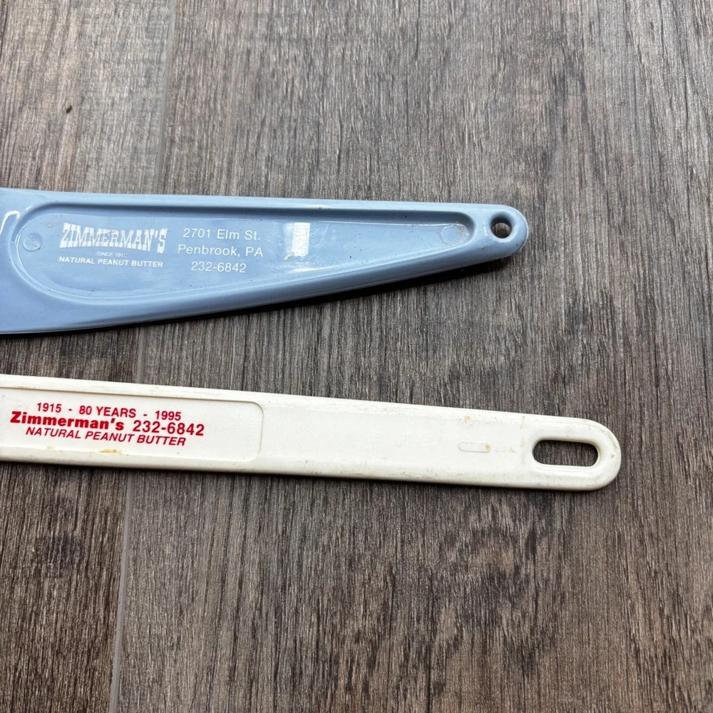 Vintage Zimmerman's Natural Peanut Butter Spreader Set Blue White 80th Anniv PA